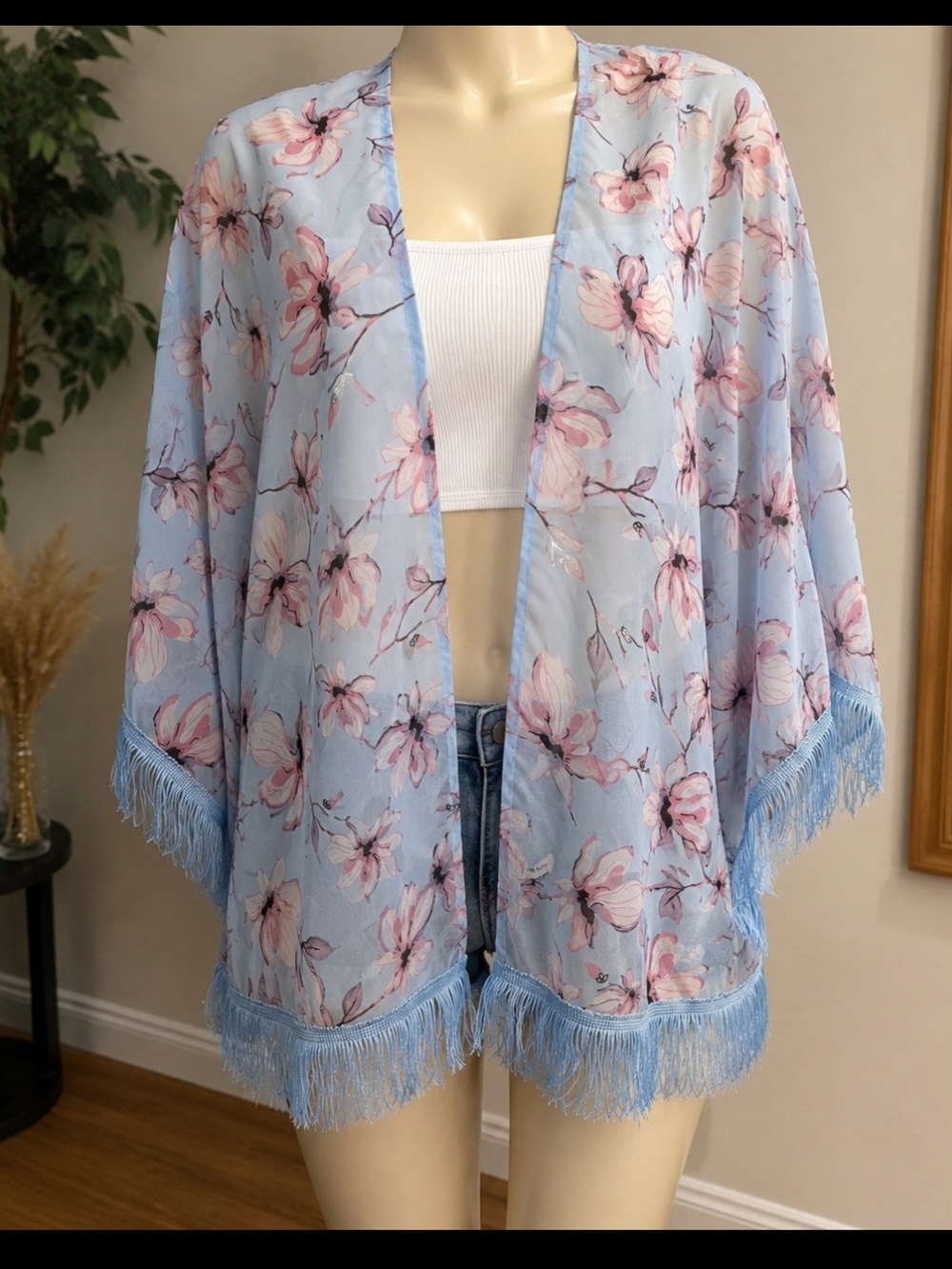 Light Blue Floral Fringe Kimono